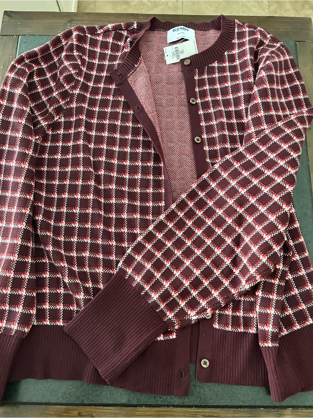 Old Navy Burgundy Plaid Button-Up Cardigan